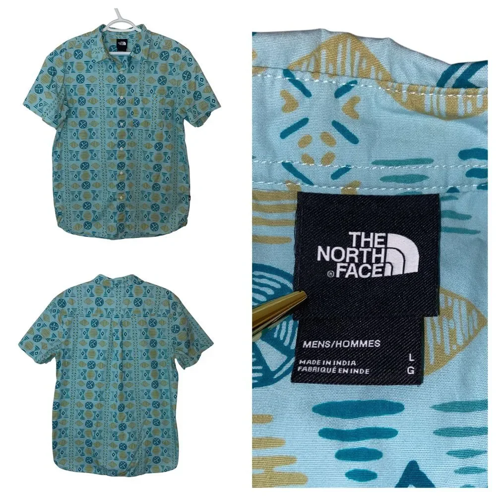 The North Face Geometric Print Button-Down Shirt Summer Casual Blue Size Large‎